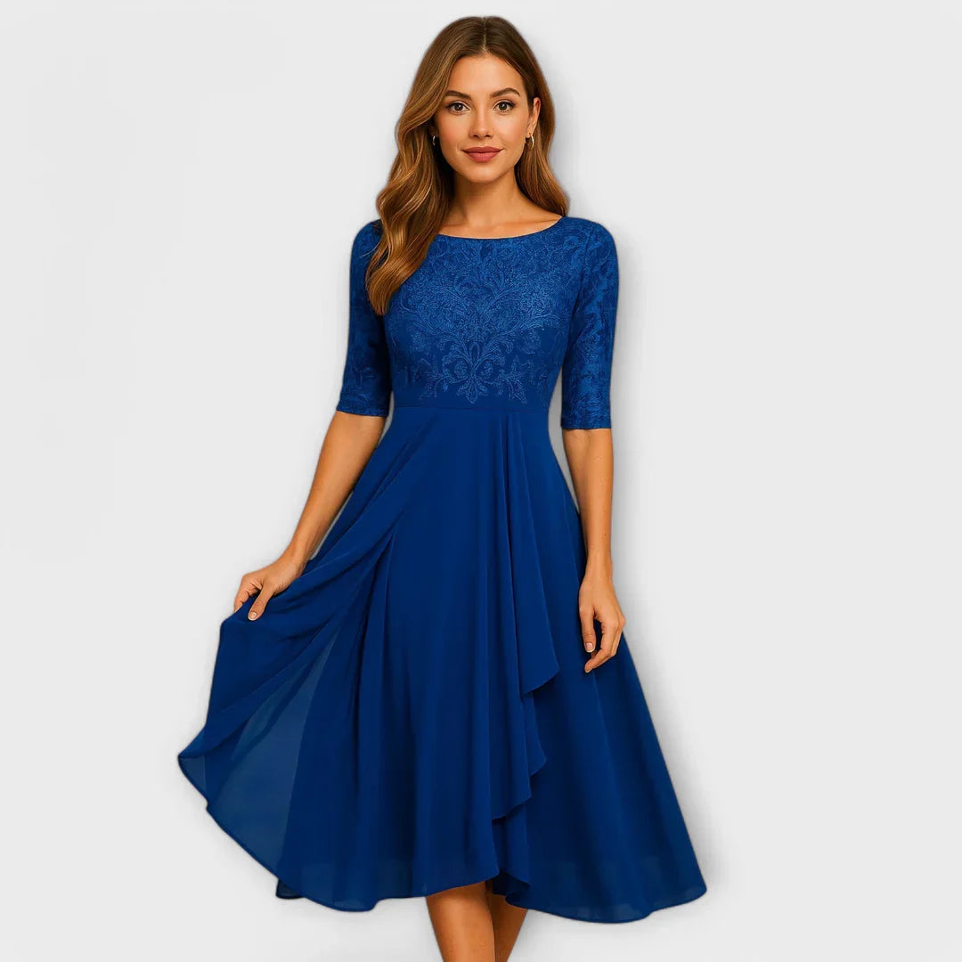 Jacinthe – Élégante robe midi avec manches en dentelle