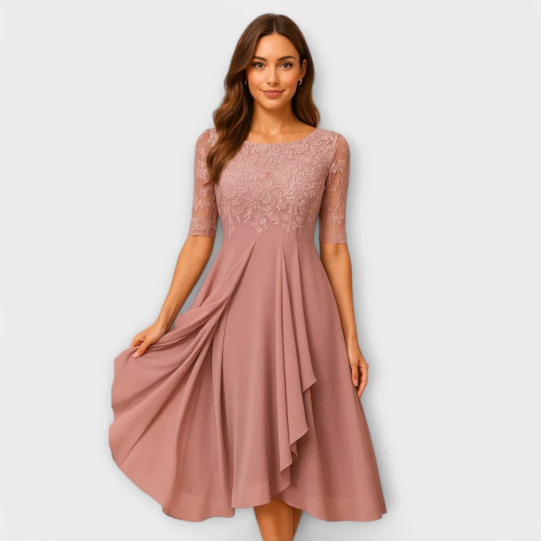 Jacinthe – Élégante robe midi avec manches en dentelle