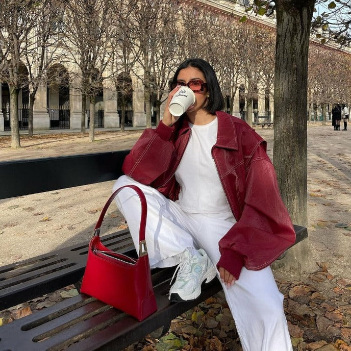 Brigitte - Tendance Veste en Cuir Rouge