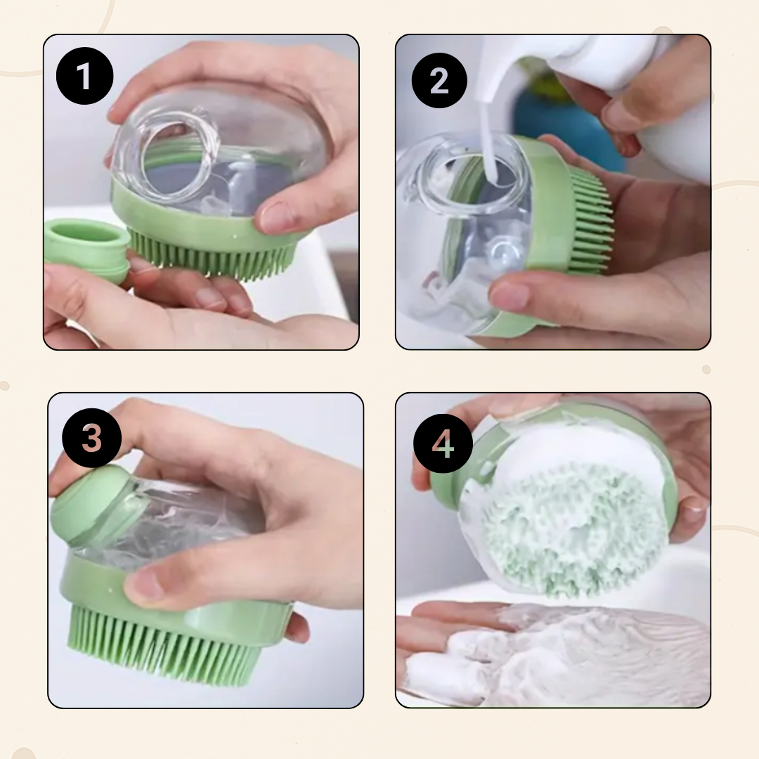 Brosse de bain pour chien/chat avec distributeur de savon