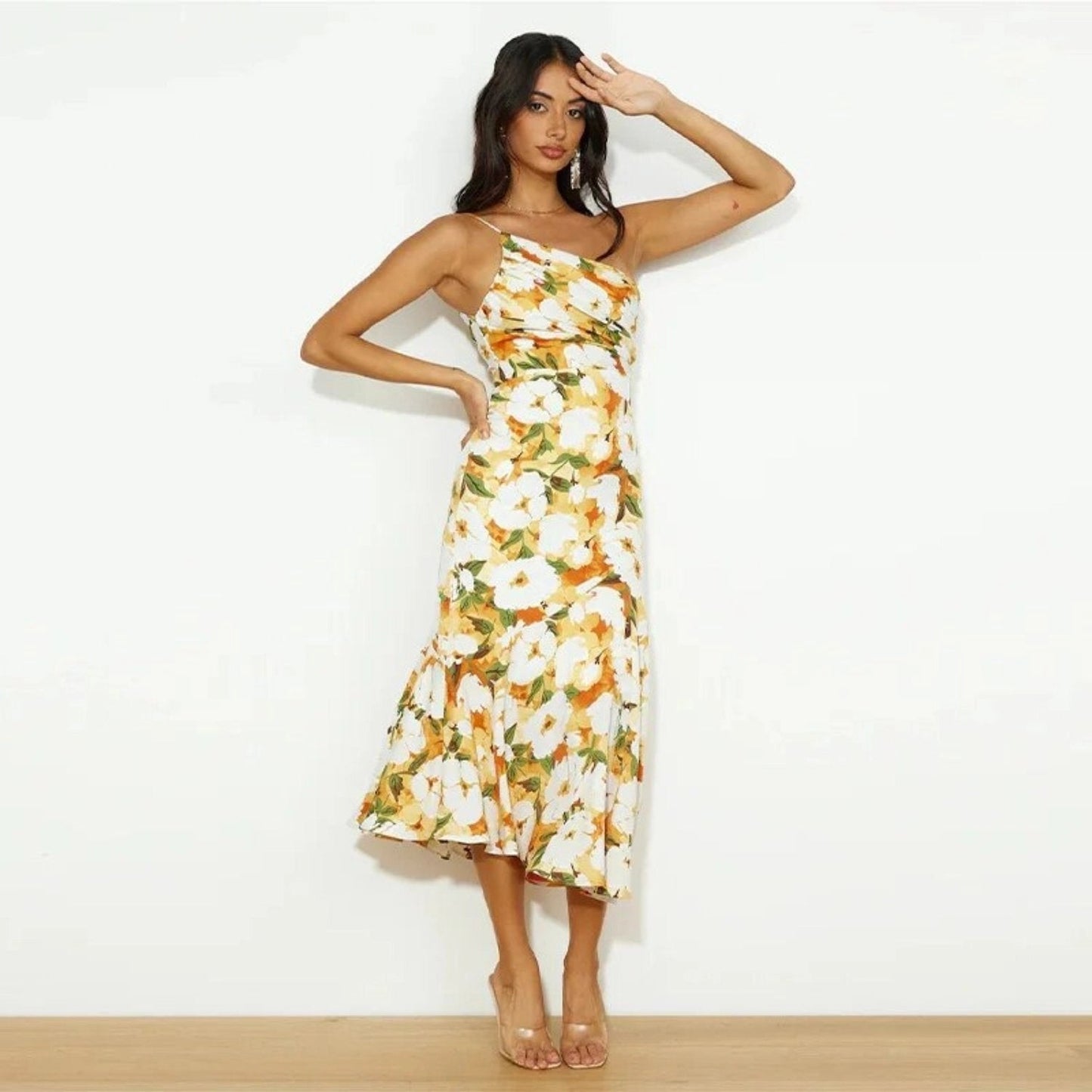 Liorine - Robe longue asymétrique à motifs floraux