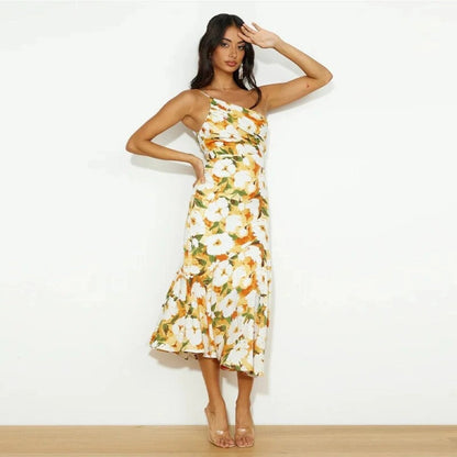 Liorine - Robe longue asymétrique à motifs floraux
