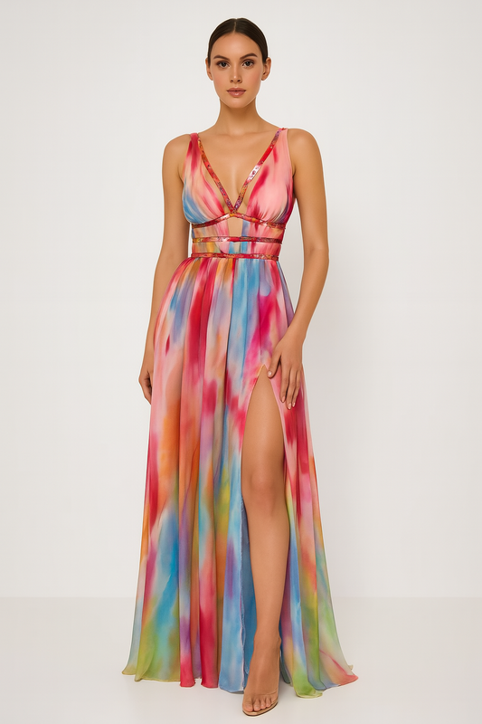 Faylienne – Élégante robe maxi fluide avec imprimé artistique