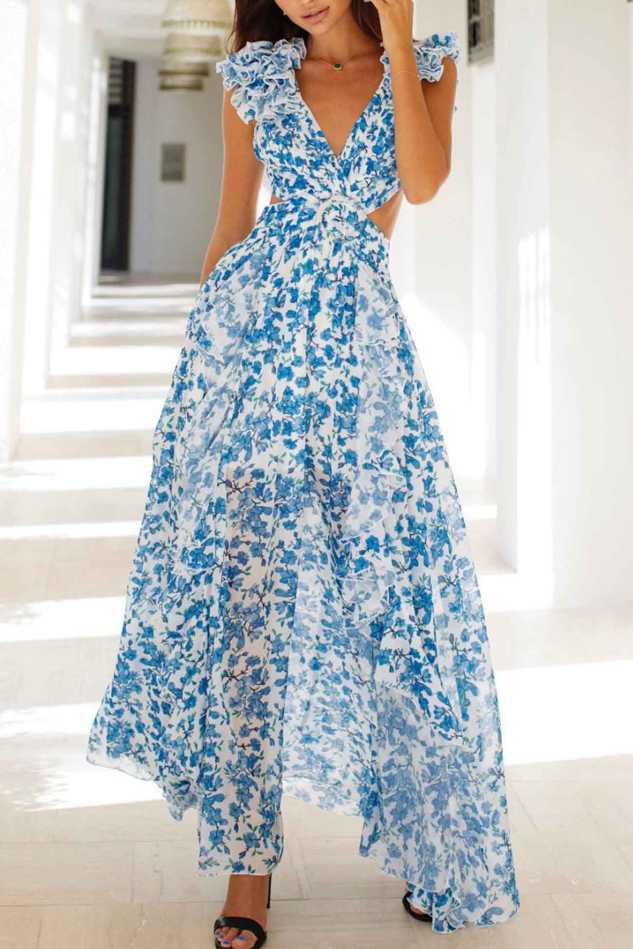 Roxane – Robe longue avec volants et découpes élégantes