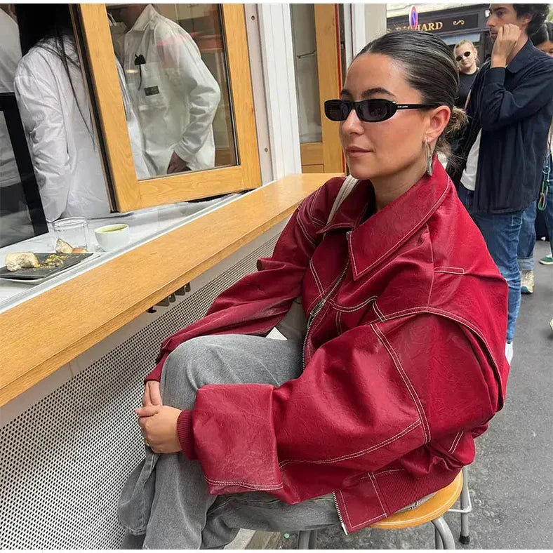 Brigitte - Tendance Veste en Cuir Rouge