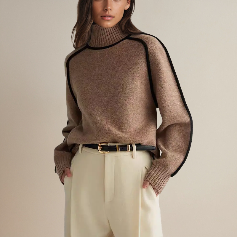 Thérèse - Élégant pull à col roulé avec détails en passepoil contrasté