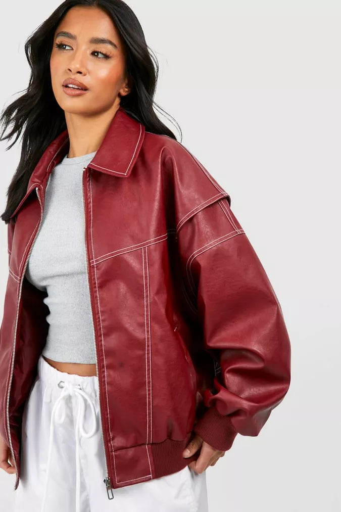 Brigitte - Tendance Veste en Cuir Rouge